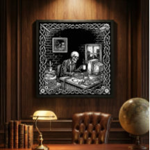 Gothic Woodcut Skeleton Office Burnout Dark Humor