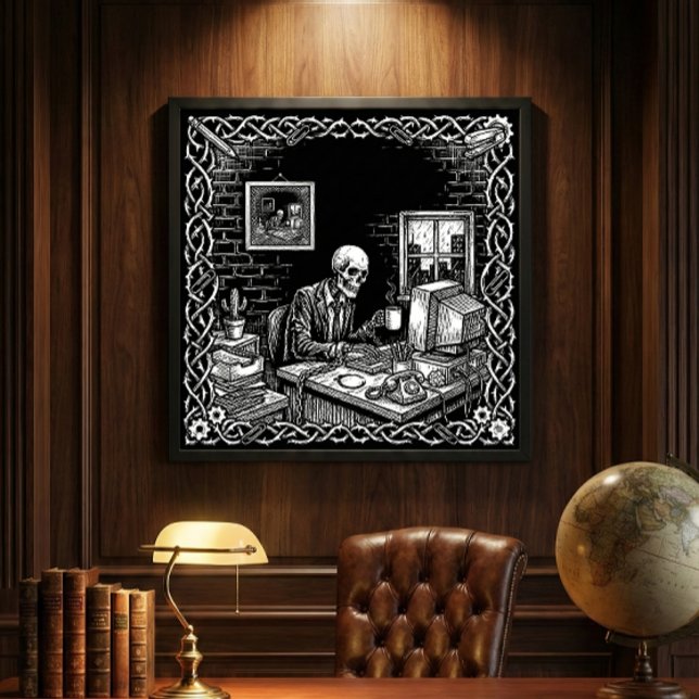 Gothic Woodcut Skeleton Office Burnout Dark Humor Canvas Print (Creator Uploaded)
