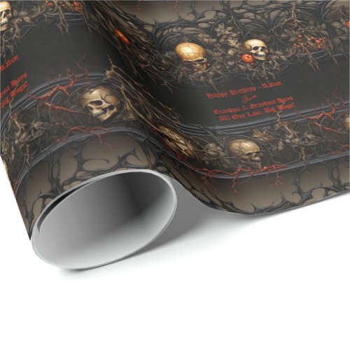 Gothic Wrapping Paper with Skulls and Roses Goth