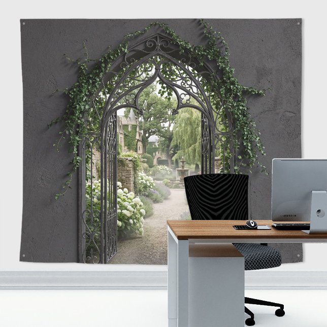 Gothic Wrought Iron Arch Secret Garden Backdrop (Romantic Stone wall archway and garden tapestry decor for zoom meetings or gothic wedding backdrop.)