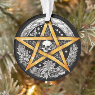 Gothic Yule Tree Pentacle & Skull Black & White Ornament