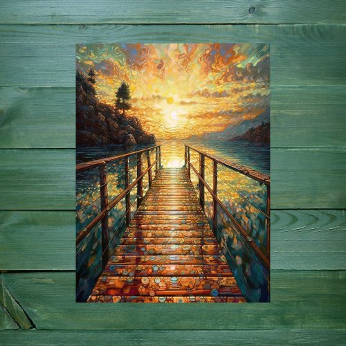 Gouache Art AI Sunset Pier Scene Poster Print