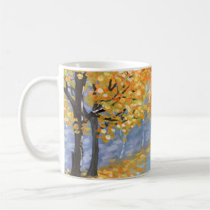 Gouache autumn landscape. Golden fall in an empty Coffee Mug