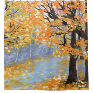 Gouache autumn landscape. Golden fall in an empty Shower Curtain