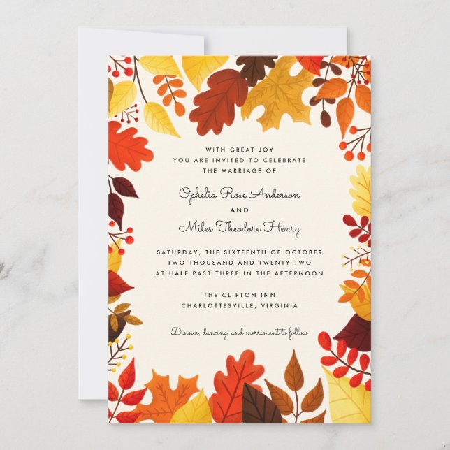 Gouache Autumn Leaves Frame Wedding Invitation (Front)