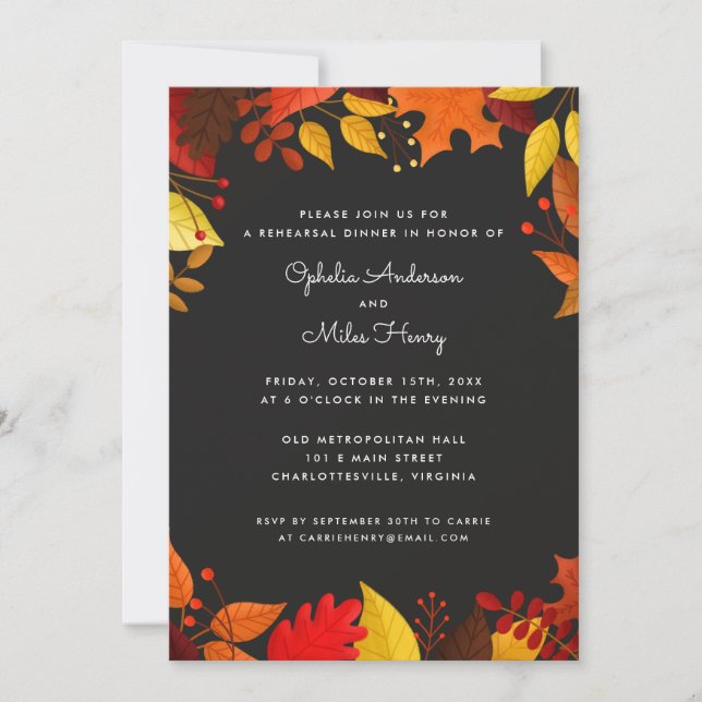 Gouache Autumn Leaves on Black Rehearsal Dinner Invitation (Front)
