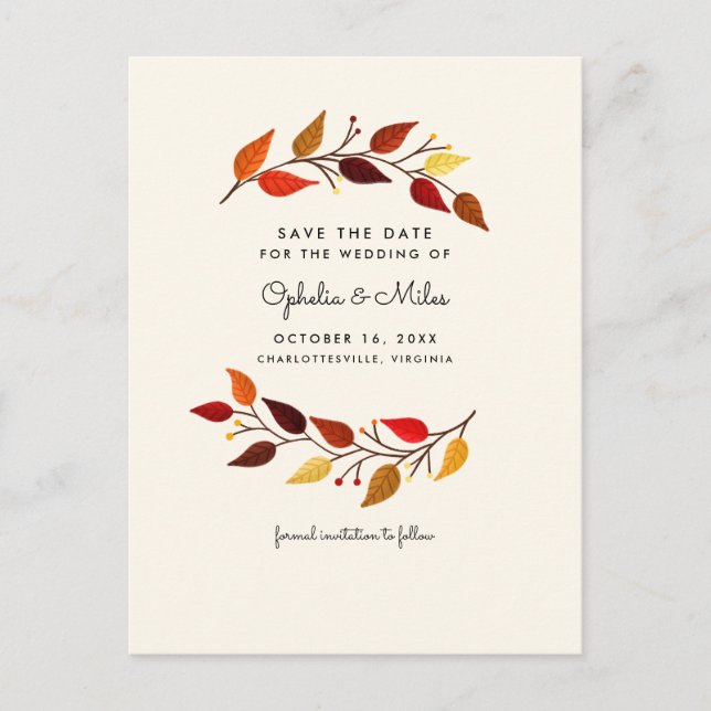 Gouache Autumn Leaves Save the Date Announcement Postcard (Front)
