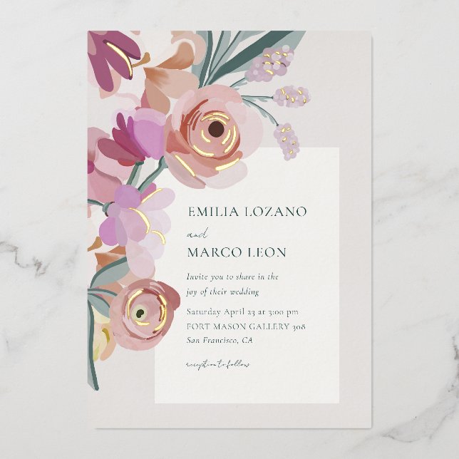 Gouache Blossoms Foil Invitation (Front)