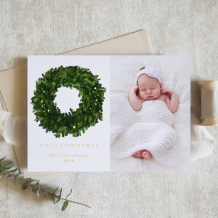 Gouache Boxwood Wreath First Baby Christmas Photo Foil Holiday Card