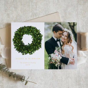 Gouache Boxwood Wreath Newlywed Christmas Photo Foil Holiday Card