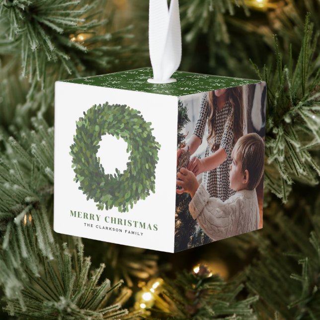 Gouache Boxwood Wreath Photo Christmas Cube Ornament (Tree)