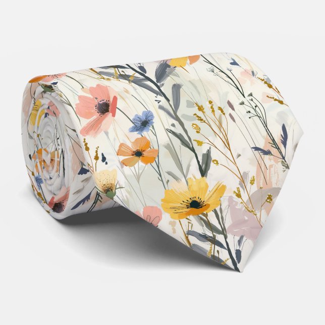 Gouache Meadow Flowers Pattern Neck Tie (Rolled)