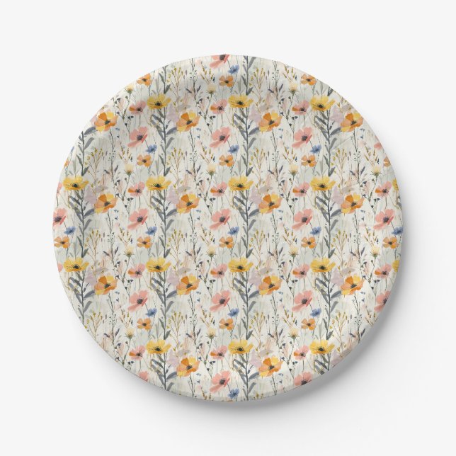 Gouache Meadow Flowers Pattern Paper Plates (Front)
