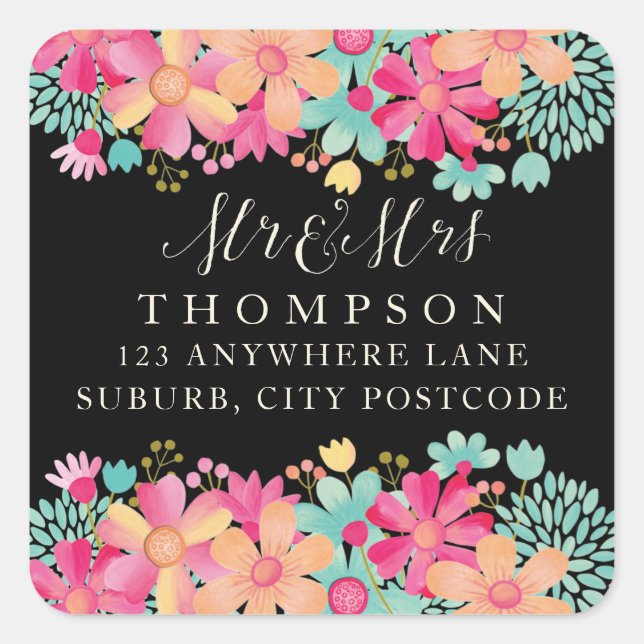 Gouache Painted Floral Mr & Mrs Address Stickers (Front)
