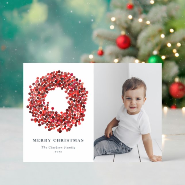 Gouache Red Winterberry Wreath Merry Christmas Letterpress Photo Cards (Front (Into))