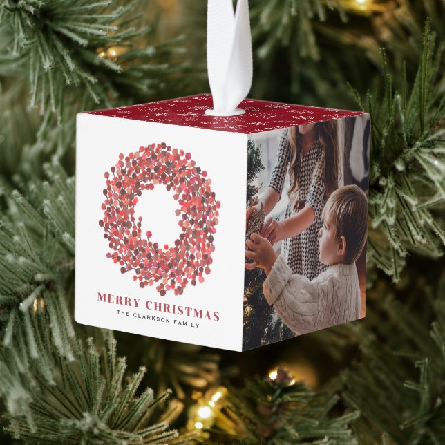 Gouache Red Winterberry Wreath Photo Christmas Cube Ornament (Tree)