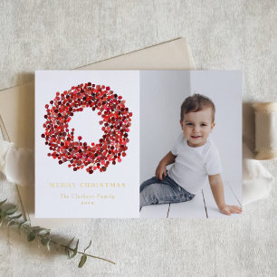 Gouache Red Winterberry Wreath Photo Christmas Foil Holiday Card