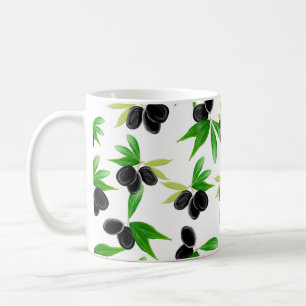 Gouache seamless pattern with olive tree branch, l coffee mug