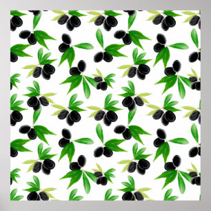 Gouache seamless pattern with olive tree branch, l poster