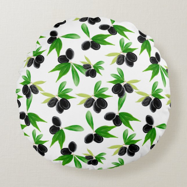 Gouache seamless pattern with olive tree branch, l round pillow (Front)