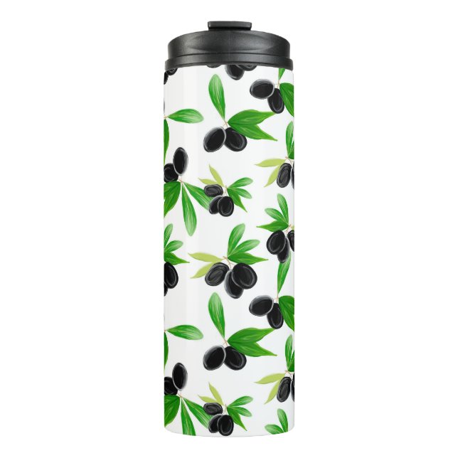 Gouache seamless pattern with olive tree branch, l thermal tumbler (Front)