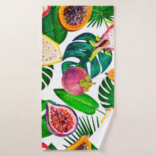 Gouache seamless pattern with tropic leaves and fr bath towel