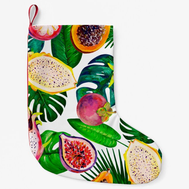 Gouache seamless pattern with tropic leaves and fr small christmas stocking (Front)