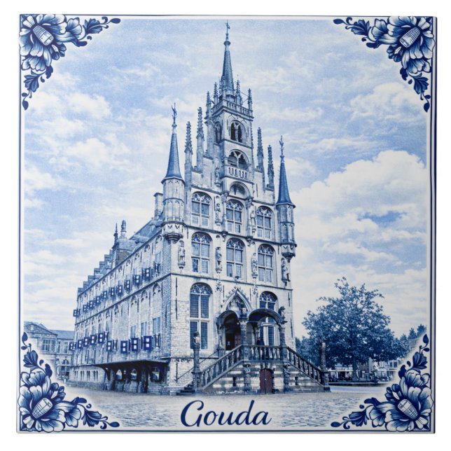 Gouda town hall Delft Blue style ceramic tile (Front)