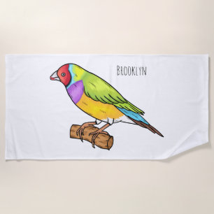 Gouldian finch bird cartoon illustration beach towel