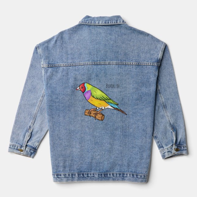 Gouldian finch bird cartoon illustration denim jacket (Back)