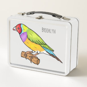 Gouldian finch bird cartoon illustration metal lunch box