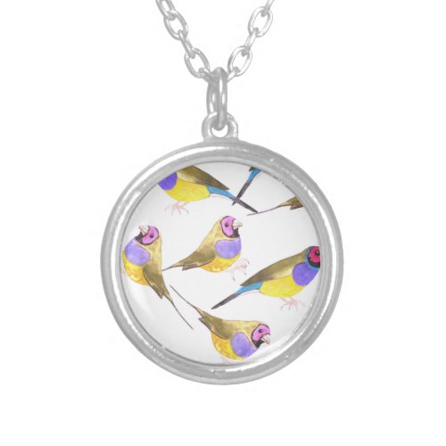 Gouldian finch birds in watercolor silver plated necklace