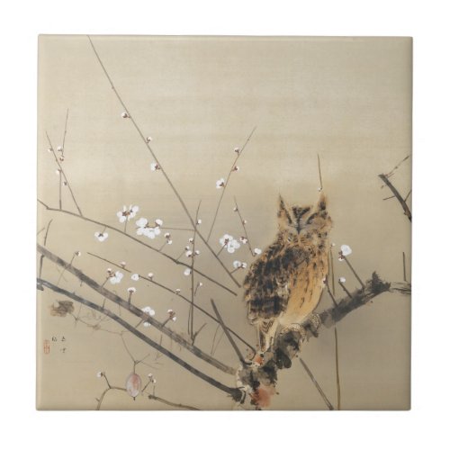 Goun Owl and Early Plum Blossoms Woodblock Print Ceramic Tile