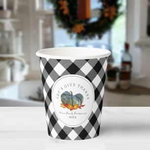 Gourd Blue Pumpkin Plaid Thanksgiving Paper Cups