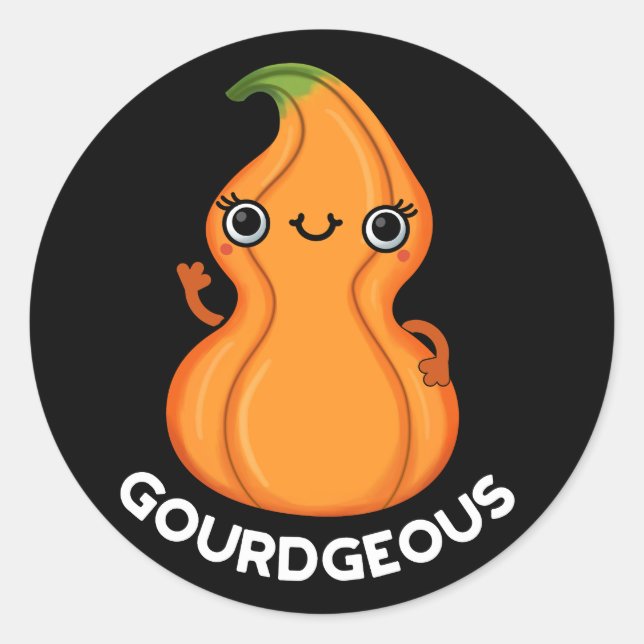 Gourd-geous Funny Gourd Veggie Pun Dark BG Classic Round Sticker (Front)