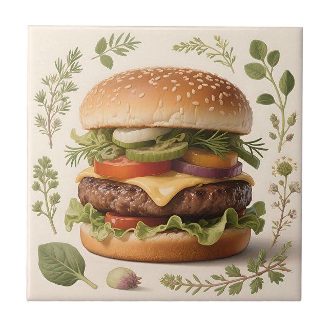 Gourmet Cheeseburger Illustration Ceramic Tile (Front)