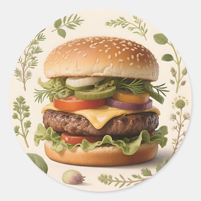 Gourmet Cheeseburger Illustration Classic Round Sticker (Front)