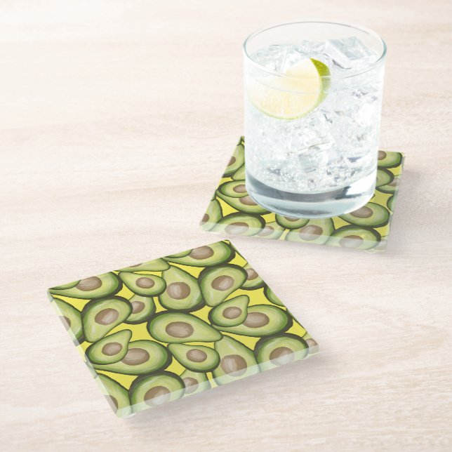 Gourmet Fresh Cut Vegan Avocado Pattern Glass Glass Coaster (Angled)