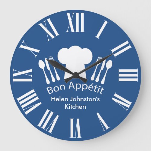 Gourmet Kitchen Bon Appetit Blue and White Large Clock
