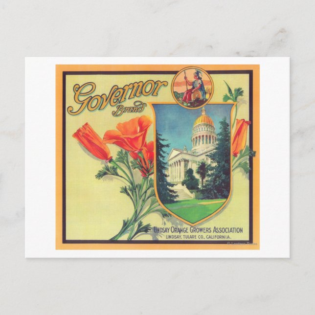Governor Orange LabelLindsay, CA Postcard (Front)