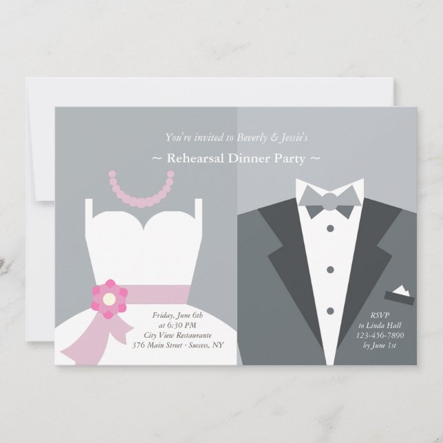 Gown and Tuxedo Gray Background Invitation (Front)