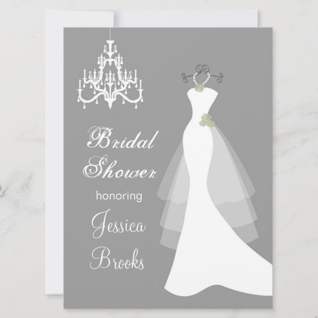 Gown, chandelier on gray Bridal Shower Invitation (Front)