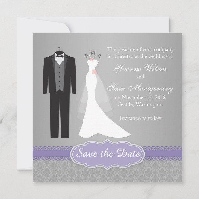 Gown, tuxedo on gray Save the Date Invitation (Front)