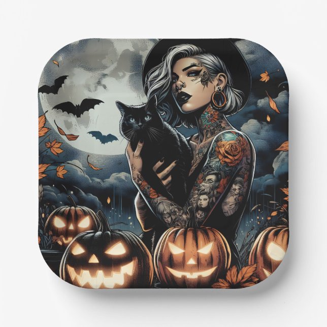 Grab a Broom | Witch Themed Halloween Party Paper Plates (Front)