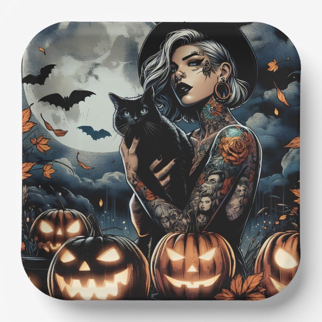 Grab a Broom | Witch Themed Halloween Party Paper Plates (Front)