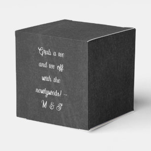 'Grab a tee and tee off with the newlyweds!' Black Favor Boxes