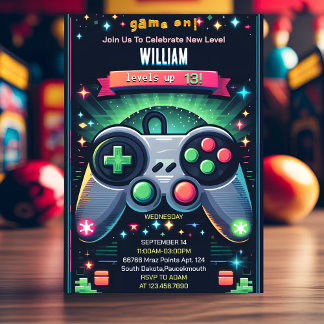 Grab Boy Cool Kids Gaming Level Up 13th Birthday Invitation