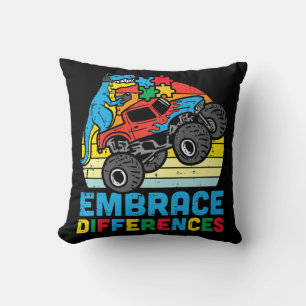 Grab this cute Trex Monster Truck Embrace Differen Throw Pillow