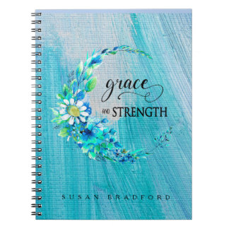 Grace and Strength Inspirational Blue Floral Notebook