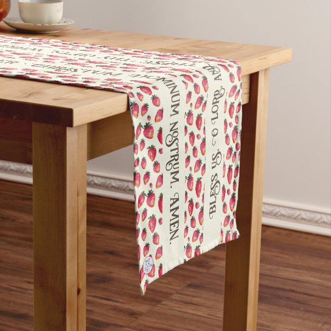Grace Before Meals Latin Prayer Strawberry Pattern Short Table Runner (In Situ)